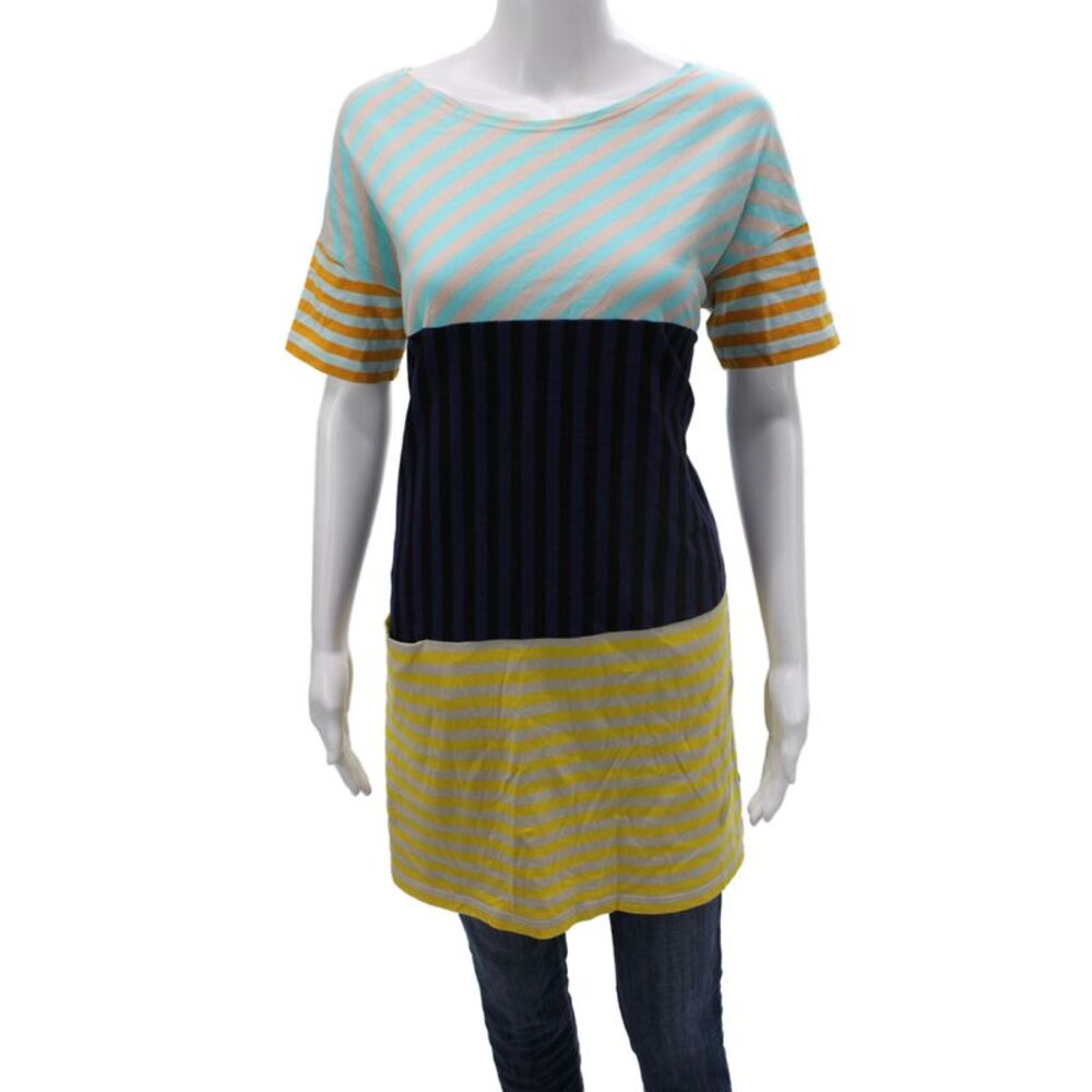 Marimekko Women Beige Striped Boatneck T Shirt Dress Short Sleeve Size M